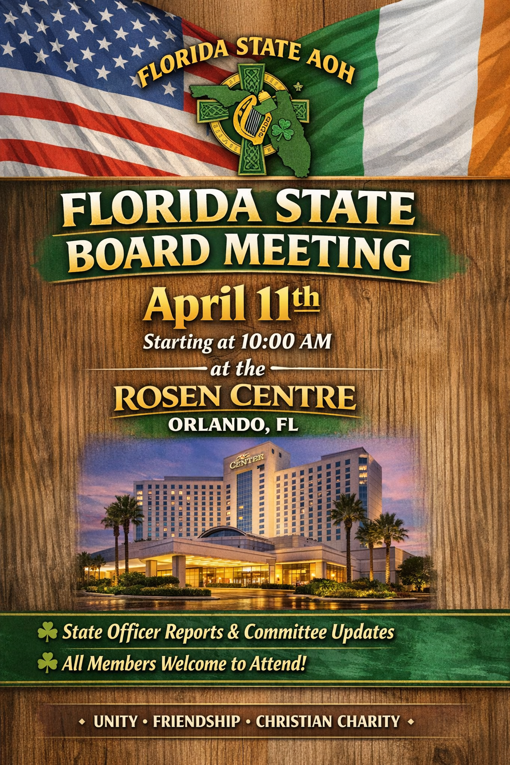 Florida State AOH Board Meeting flyer for April 11 starting at 10:00 AM at the Rosen Centre in Orlando
